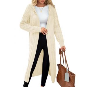 Fisoew Cardigan long &agrave; capuche pour femme - Manches longues - Manteau en tricot - Ouvert sur le devant, Blanc., L (Eurivi, neuf)