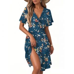 G&eacute;n&eacute;rique Robe de Femme Boheme Chic et Elegant Mi Longue Robe D'&eacute;t&eacute; Printemps Fleurie Femme Vetement Moulante Femmes Ensemble Vintage Robes Manche Courte de Bal Soiree Plage Cocktail (A Navy,Large) (QU-XINYU, neuf)