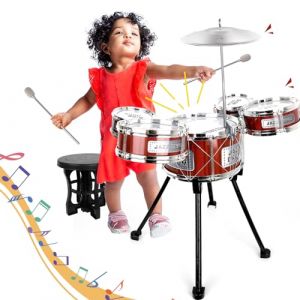 Batterie Enfant, Instruments Tambours Enfant, 5 Tambours Kit de Batterie pour Enfants, avec Tabouret Percussion, Musique Tambour Jazz Rock Drum Set, Anniversaire PréCoce Cadeau Noël 1 2 3 4 5 6+ ans (SANLADTOY, neuf)