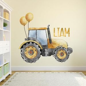 Autocollant mural avec nom personnalisé pour bébé garçon – Bulldozer jaune aquarelle – Autocollants de construction personnalisés – Décollez et collez – Décoration idéale pour chambre d'enfant et (AdesiivoStudio., neuf)