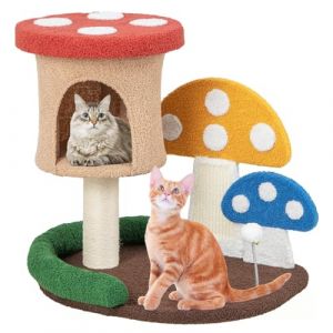 GYMAX Arbre &agrave; Chat en Forme de Champignon, Tour &agrave; Chat avec Condo, Griffoir en Sisal, Planche &agrave; Gratter, Balle de Jeu, Meuble Attrayant pour Maison (GYMAX EU, neuf)