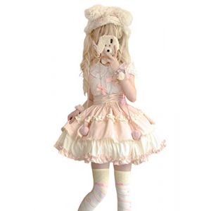 HIMI HIMIFASHION Jupe courte mignonne pour adolescentes Lolita douce Jupe &agrave; volants superpos&eacute;s avec ceinture Taille &eacute;lastique Jupe porte-jarretelles de coupe droite, rose/blanc, M (Yuomira, neuf)