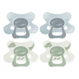 Difrax Natural Sucette 18 Mois et Plus – Tétine en Silicone Souple – Motif Dinosaure – Bleu & Vert Sauge – 4 Pièces – Sucette Anatomique Facile à Accepter – Sans BPA – Confort Nocturne (Difrax LOVI, neuf)