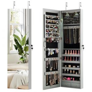 COSTWAY Armoire à Bijoux Mural avec Miroir et Lumière LED Armoire de Rangement Accrochée à La Porte 120 x 36 x 10 cm (Gris) (FDS GmbH, neuf)