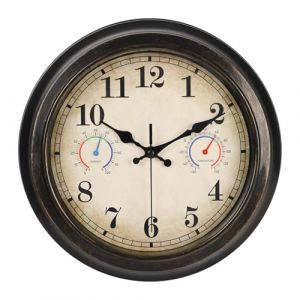 Horloge d'ext&eacute;rieur de 30,5 cm avec thermom&egrave;tre et hygrom&egrave;tre, horloges murales &eacute;tanches pour int&eacute;rieur et ext&eacute;rieur pour terrasse, piscine, d&eacute;coration de jardin - Bronze r&eacute;tro (sentushuomaoyiyouxiangongsi, neuf)