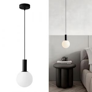 HJXDtech Suspension Luminaire Moderne avec Globe Verre Blanc &ndash; LED E14 12W Dimmable, Hauteur R&eacute;glable Lampe Suspendu de Plafond pour Chambre, Salon, Salle &agrave; Manger (Noir) (HJXDtech, neuf)