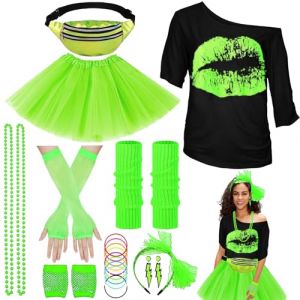 YOUYIKE Déguisement Année 80 Accessoire Femme, S/M/L/XL/XXL, T-shirt, Sac Ceinture, Tutu, Bandeau, Collier, Boucle d'oreille, Gants Résille, Costume Déguisement Disco pour Années 80 (XXL-Vert) (smnwei'store, neuf)