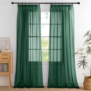 PONY DANCE Rideau Voilage Salon - Voilages Vert Foncé Galon Fronceur Décorations Maison Chambre Fenêtre Intérieurs Noël L140xH245cm Voile Moderne Transparent, Double Pièces (RYB HOME EU, neuf)