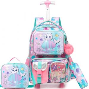 HTgroce Sirène Cartable à roulettes Sac à Dos Filles, Cartable Primaire Sac Trolley avec Sac Repas Trousse à Crayons Sac à Dos à roulettes Cartable Roulette Fille CP (Lldaily EUR, neuf)