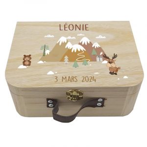Valisette en Bois Personnalisée - Valisette Naissance personnalisable pour Bébé - Souvenir de Naissance - Boite souvenir de naissance - 23x17x9 cm (Montagne) (MARQUAGE UNIQUE, neuf)