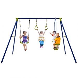 DREAMADE Ensemble de Balan&ccedil;oire 3 en 1 Enfant Exterieur,Portique Balan&ccedil;oire en M&eacute;tal avec 1 Face &agrave; Face,2 Anneaux Gymnastique,Balancoire R&eacute;glable,4 Piquets de Sol,Aire de Jeu Enfants 3-10Ans (DREAMADE, neuf)