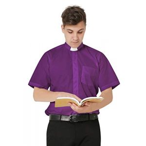 IvyRobes Hommes Chemise Pr&ecirc;tre Col Romain Pretre Clergyman Chemises Manches Courtes Clerg&eacute; Violet 42-43 EU (17) (LUYA Euro, neuf)