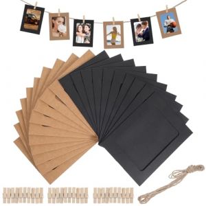 oruola Lot de 20 guirlandes pour photos - 15,5 x 11,7 cm - Cadre photo en papier kraft - Avec pinces en bois et corde de chanvre - Noir et marron - Cadre photo pour anniversaire (Perchone, neuf)