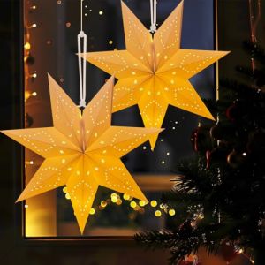 Etoile Papier a Suspendre, 2 Pièces Etoile de Noel Lumineuse, LED Étoiles de Noël en Papier, Étoiles Décoratives Pliantes pour Fenêtre, Noël, Anniversaire (WEIMEIYING, neuf)