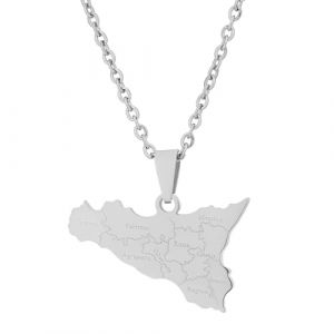 NHQZ Italie Sicile Carte Pendentif Colliers,Hip Hop Charme Colliers Amitié Patriotique Bijoux,avec Noms De Ville Italien Sicilia Pays Cartes Pendentif pour Femmes Hommes (Argent) (NHQZ, neuf)