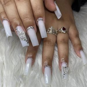 Faux ongles, ongles à presser Faux ongles longs en forme de cercueil avec colle, faux ongles marron portables avec strass, presse de Ballet, couverture complète(9) (zhangtingamz, neuf)