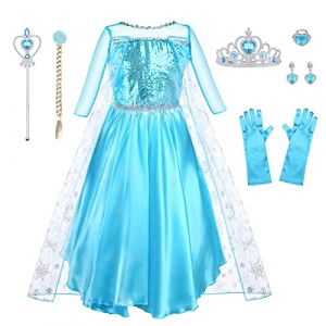 URAQT Robes de Princesse pour Fille avec Accessoires de Cosplay Robe de Princesse avec Cape de Flocons de Neige Brillants pour Fille pour Halloween, Cosplay Anniversaire Carnaval, 100CM (withchance, neuf)