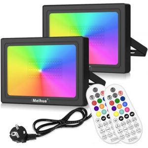 MEIHUA 60W Projecteur RGB Exterieur 10 Couleurs 12 Modes Spot LED Couleur avec 360° RF Telecommande 6 Niveaux de Luminosité Minuterie IP66 Étanche Lampe RGB pour Jardin Bar Halloween Noël Lot de 2 (lingdong-Direct, neuf)