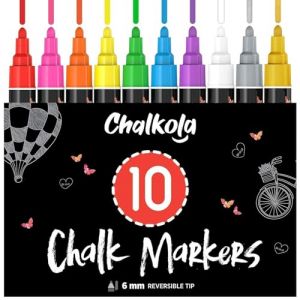 Chalkola Marquers Craie Couleurs Riches et Vives - Lot de 10 avec Pointe Réversible 6mm - Stylo Craie Effaçable - Utiliser sur Tableau de Craie, Verre, Papier, Plastique (WizMops, neuf)