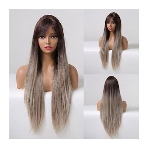 Perruques Cheveux Humains Longue perruque synthétique Ombre marron gris avec frange droite Cosplay perruques naturelles for les femmes noires résistant à la chaleur faux cheveux Perruques pour femmes (wufengjingqian, neuf)