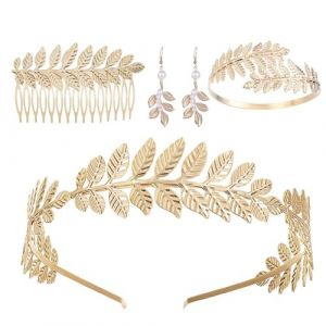 XoeLLe 5 Pièces Parure Bijoux Femme, Déesse Grecque Costume, Bijoux Fantaisie Femme, Deguisement Romaine, Couronne Laurier, Boucles d'Oreilles Perle, Peigne À Cheveux Latéral, Bracelet Bras (HAOFAN EU, neuf)