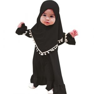 Robe De Priere pour B&eacute;b&eacute; Fille Enfant, Nouveau-n&eacute; Robe de Pri&egrave;re Musulmane Abaya V&ecirc;tements Musulmane pour Fille, Abaya &Agrave; Manches Longue Robe Maxi Islamique Kaftan avec Hijab (hoarse-NU, neuf)