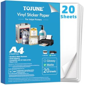 TOJUNE Papier Vinyl Autocollant Imprimable pour Imprimante À Jet D'encre, A4-21x29.7 cm, Imperméable, Découpe Arbitraire, Support Adhésif (20 Feuilles) (Blanc Mat) (TOJUNE EU, neuf)