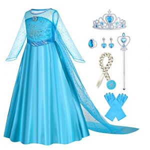 Gridamea Robe Elsa Reine des Neiges Filles Deguisement Elsa des Glaces Robe de Princesse avec Couronne/Baguette/Gants/Tresse/Boucles d'oreilles/Bague pour Anniversaire d'enfant,fête, Cosplay (Gridamea, neuf)