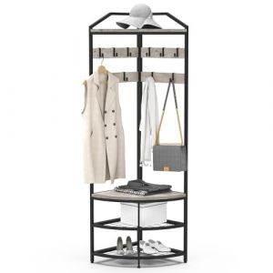 VEDECASA Porte-Manteau d'Angle en Métal - Arbre de Couloir Avec 12 Crochets Mobiles et Étagère de Rangement - Pour Salon, Chambre à Coucher, Bureau, Entrée - Gris (VEDECASA Direct, neuf)