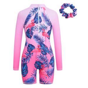 JiAmy Maillot de bain une pi&egrave;ce pour fille - Manches longues - Fermeture &eacute;clair - Protection UV - Maillot de bain sir&egrave;ne avec bonnet de bain pour filles de 4 &agrave; 9 ans, Rouge, 7-8 ans (JiAmy-EU, neuf)