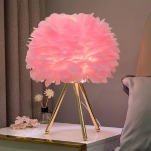 Mengjay Lampe de table en plumes,E27 Lampe de chevet avec abat-jour de bureau en plumes &agrave; Base Dor&eacute;e &agrave; Trois Pieds,Veilleuse &Eacute;clairage De Table Pour Salon Chambre D&eacute;coration De La Maison (D) (Mengjay, neuf)
