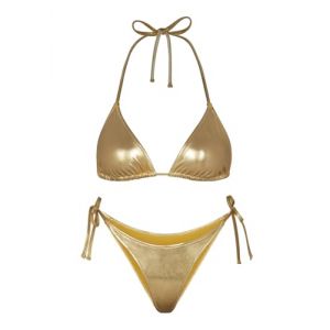 Ella Lust Bikini mtallique pour Femme Maillot de Bain Argent Taille Haute avec String Nouer sur Le CT, Haut Triangulaire, Maillot de Bain Brillant, dor, Taille XL (K Bar, neuf)