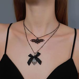 Wendalern Collier Crâne Gothique Collier Choker Noir Noeud Chauve-souris Collier Pendentif Tête De Squelette Zirconia Cubique Collier Chaîne Perle Collier Y2k Bijoux Halloween Pour Femmes Filles (Wendalern, neuf)