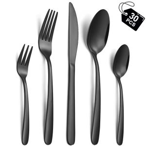 Hunnycook Lot de 30 couverts noirs en acier inoxydable pour 6 personnes, couverts noirs avec fourchettes, cuillères et couteaux de table, convient pour la maison, le restaurant, la fête, passe au (fastgo, neuf)
