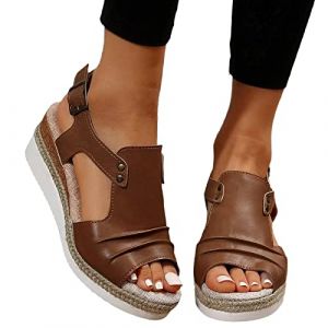 Sandales compensées en cuir pour femme Bout ouvert Sangle de cheville décontracté Pour l'été et la plage Chaussures de marche confortables Orthopedique Antidérapantes Bohême Bout Ouvert (A-Brown, 41) (WUFEIyan, neuf)
