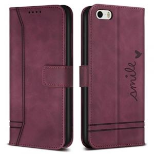 Bravoday Coque pour iPhone SE 2016 / iPhone 5s / iPhone 5, Etui Cuir avec Magnetique, Flip Pochette Housse pour iPhone SE 2016 / iPhone 5s / iPhone 5, Vin Rouge (Bravoday, neuf)