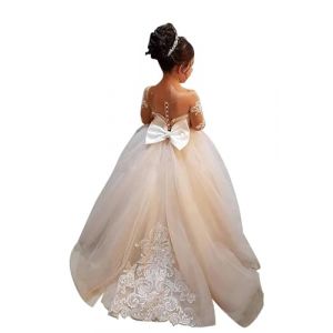 Babyonlinedress Robe champetre Fille Longue Robe bohème Petite Fille en Dentelle avec Manches Longues Traîne Grande 8 Ans Champagne (Miss Show, neuf)