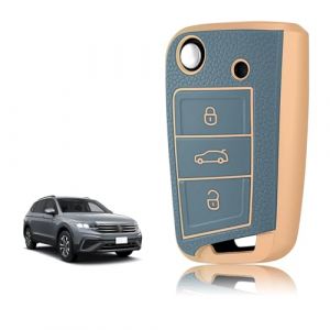 TOOMUME Coque Clé Silicone, Etui Clé Étui Clé Adapté pour VW Volkswagen Golf 7 Polo Tiguan Taigo Seat Leon Ibiza Skoda Octavia Superb Fabia, Couvre Clef Bord Doré & Argenté Texture Cuir (TOOMUME, neuf)
