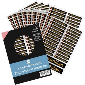 200 pièces (noir) étiquettes thermocollantes personnalisées/pour vêtements/étiquettes de linge 3 tailles dans un set de feuilles/jusqu'à 90 degrés/pour la maternelle, la garderie et l'école (tampon-personnalisé, neuf)
