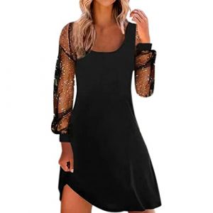 FNKDOR Robe Femme Chic et Elegant Robe Col en V Dentelle Transparente Manches Longues Robe Paillette Courte Robe Moulante Cocktail Clubbing Robe de Soiree Festive Party 2025(Le Noir,XXL) (FNKDOR, neuf)
