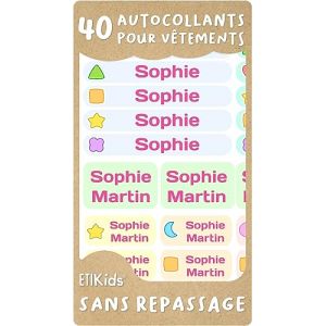 40 Étiquettes autocollantes pour vêtements, pas de repassage nécessaire. Étiquettes personnalisées et résistantes à la machine à laver, micro-onde. Autocollant fourniture scolaire (40, FORMES) (Haberdashery Online, neuf)