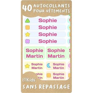 40 Étiquettes autocollantes pour vêtements, pas de repassage nécessaire. Étiquettes personnalisées et résistantes à la machine à laver, micro-onde. Autocollant fourniture scolaire (40, FORMES) (Haberdashery Online, neuf)