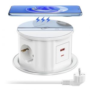 Prise Encastrable Plan de Travail USB C PD20W, Multiprise Electrique Escamotable avec Chargeur sans Fil pour Les Cuisines Bureaux, 2M C&acirc;ble, Blanc (Sewingvr, neuf)