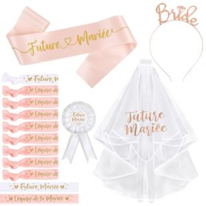 15pcs EVJF Accessoire Enterrement de Vie de Jeune Fille Voile Blanc Future Mariée et Écharpe Mariée Rose avec Bandeau Bride Badge Mariée Bracelet evjf Déguisement Décoration pour Fête Mariage Soirée (ShanDongYuRui, neuf)