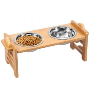 Deuson Gamelle pour Chien, Support de gamelle sur&eacute;lev&eacute; Facile &agrave; Monter, en Bois Massif Pur et Acier Inoxydable, et Facile &agrave; Nettoyer, pour Les Petits Chats et Chiots (Needtogrow, neuf)