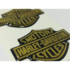 Emblème logo decal paire autocollants résinés compatibles avec les modèles HARLEY effet 3D. Pour réservoir ou casque. Taille unique autocollant : 50 x 39 mm (noir or) (sticker's corner, neuf)
