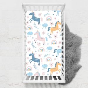 Odot Drap Housse pour Lit de Bébé, Impression de Licorne Draps Housses Enfants Respirant Douce Extensible Protège Matelas pour Lit Bébé, Berceau, Lit Parapluie (65x95 cm,Blanc) (Odot, neuf)