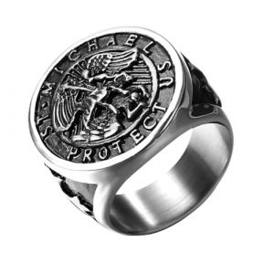 Flongo Bague Homme Chevalière Saint-Michel: Bague Chevalière Acier Inoxydable avec Insigne Religieux de Saint-Michel Style Biker Amulette - Cadeau Homme Anniveraire Fête des Pères (Flongo, neuf)