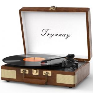 Trynnay Platine Vinyle 3 Vitesses Bluetooth Portable avec Haut-parleurs int&eacute;gr&eacute;s, Platine Vinyle, Son Audio am&eacute;lior&eacute;, Cuir PU, Amande (RECORD PLAYER CWD EU, neuf)