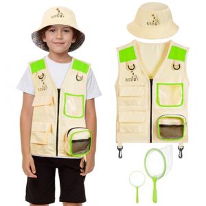 BSBUY Kit de Exploration Enfant, 4Pcs Kit de Aventurier Extérieur avec Gilet de Safari, Chapeau, Filet à Papillon, Loupe, Équipement de Explorateur Extérieur, Cadeau de Jouets Exploration pour Enfant (BSBUY, neuf)